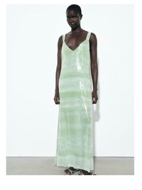 Zara Sleeveless V-Neck Mint Green Sequin Maxi Dress tulle